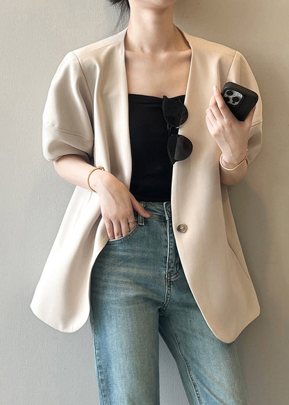 French Apricot V Neck Puff Sleeve Button Coat Qc006