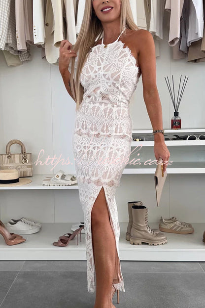 Paulette Unique Lace Halter Backless Slit Stretch Midi Dress