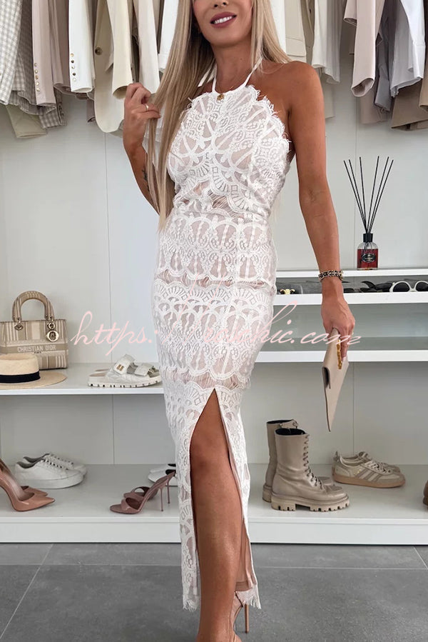 Paulette Unique Lace Halter Backless Slit Stretch Midi Dress