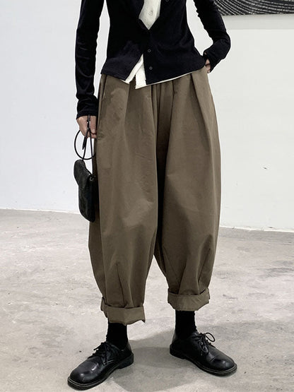 Simple Coffee Elasticity High-waisted Pockets Pleated Harem Pants Ws009