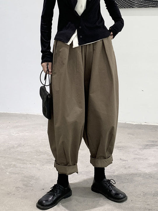 Simple Coffee Elasticity High-waisted Pockets Pleated Harem Pants Ws009
