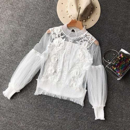 Grey Stand Collar Embroidery Flowers Sheer Lace Lantern Sleeve Blouse