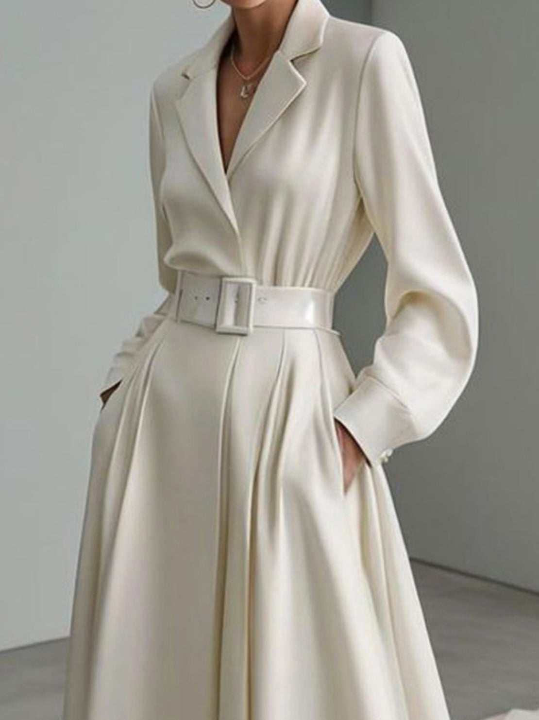 Long Sleeves Loose No Belt Color Notched Collar Maxi Dresses