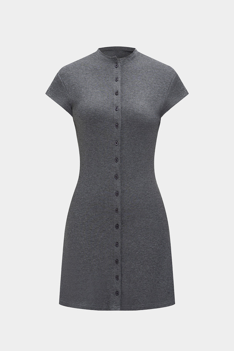 Color A-line Button Short Sleeve Mini Dress