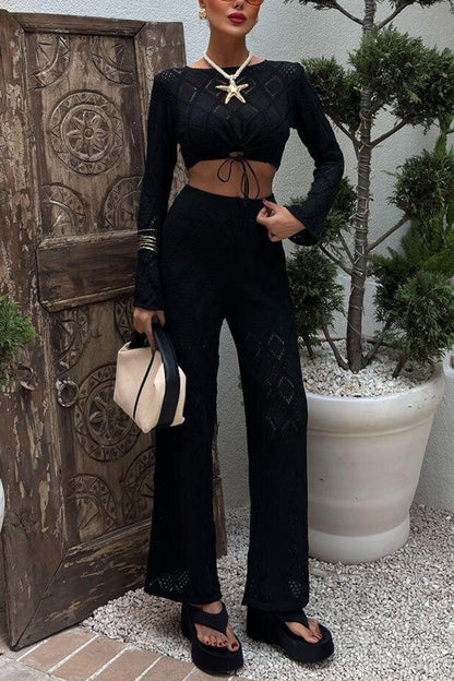 Color Hollow Short Long-sleeved Top and Stretch Wide-leg Pants Knitted Set