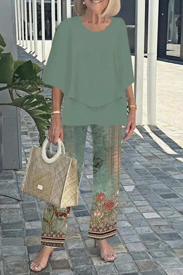 Round Neck Half Sleeve Loose Top and Elastic Waist Straight Pants Set
