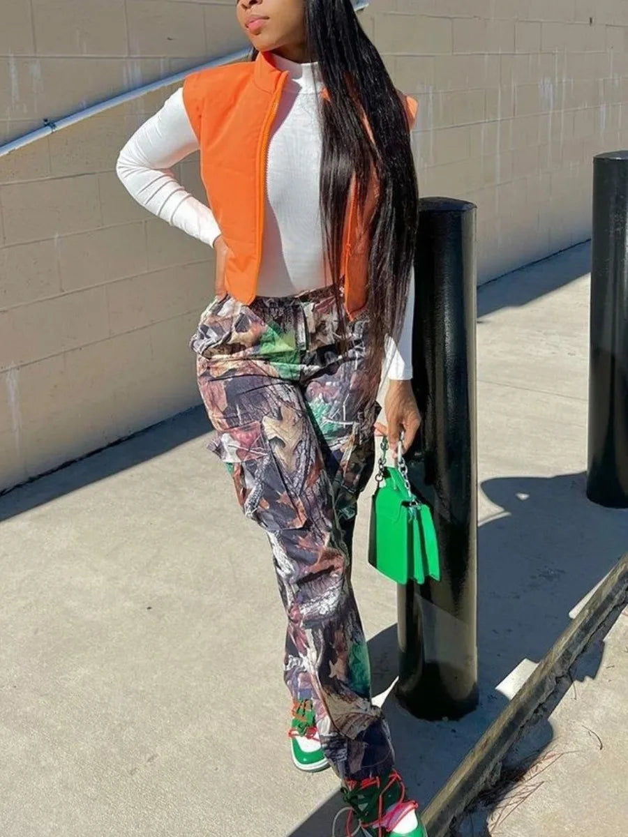 Mid-waist Side Pocket Camo Print Cargo Pants Street Y2k Trousers Print Design Jeans