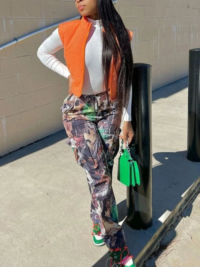 Mid-waist Side Pocket Camo Print Cargo Pants Street Y2k Trousers Print Design Jeans