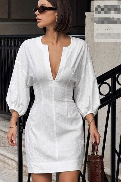 V-neck 3/4 Sleeve Waist Mini Dress