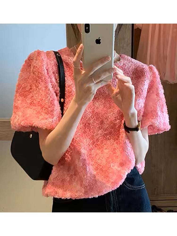 Round Neck Gradient Pink Puff Sleeve Blouse