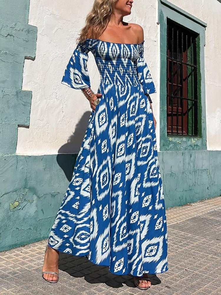 Close to the Vacation Print Smocked Off Shoulder Pocketed Maxi Dress