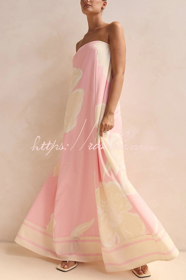 Unique Print Tube Top Back Zipper Loose Maxi Dress