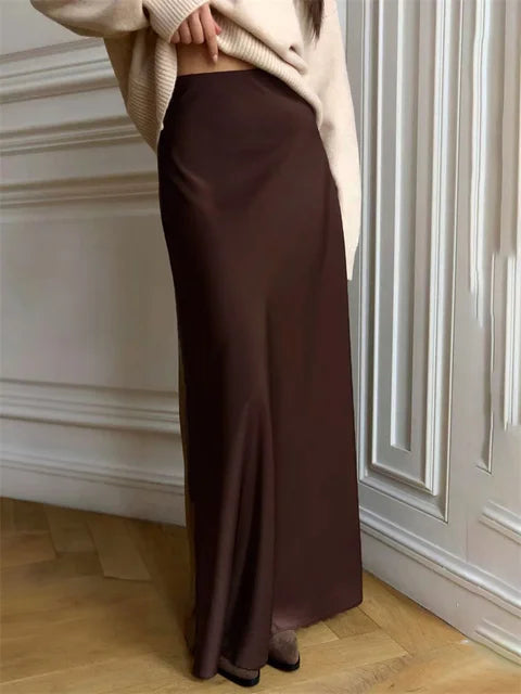 Summer Satin High Waist Long Skirt – Female Slim Patchwork Maxi Skirt