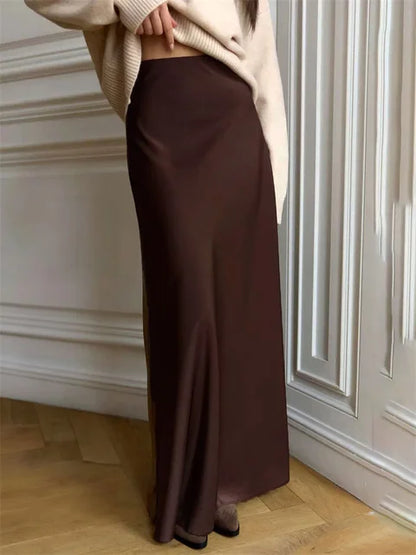 Summer Satin High Waist Long Skirt – Female Slim Patchwork Maxi Skirt