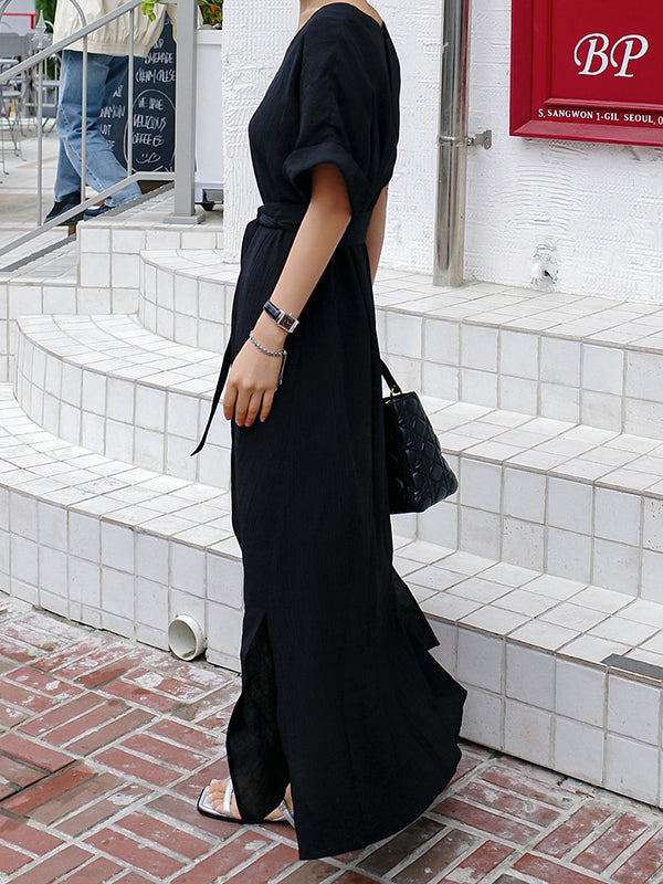 A-line Loose Hollow Color Split-side Tied Waist V-neck Midi Dresses