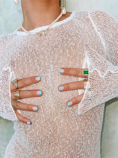 Sheer See-through Mesh Pullover Top for Long Sleeve Summer Tee Slim Crop Top Holiday Beach Y2k Top T-shirt