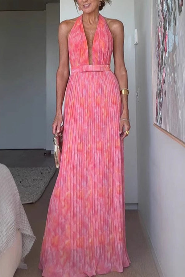 Unique Print Halter Neck Tie Pleated Vacation Maxi Dress