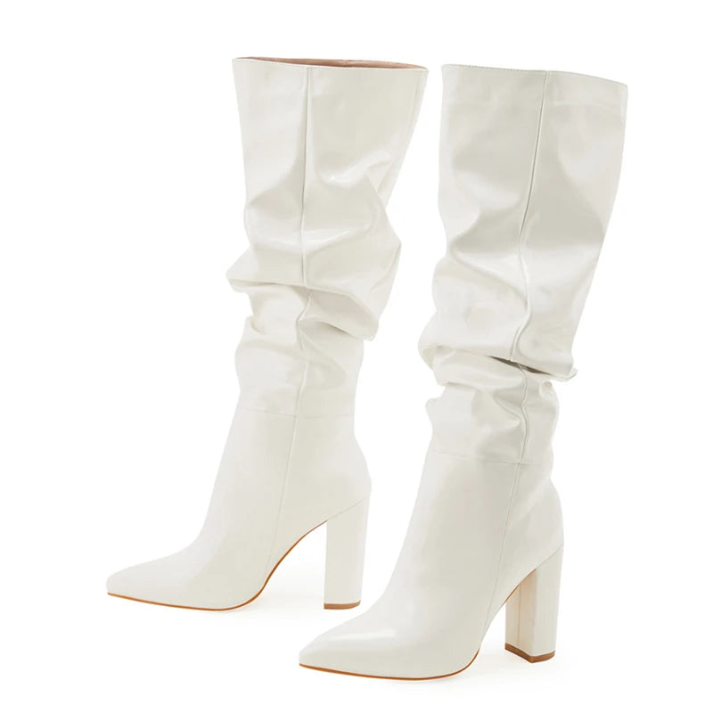 Liyke Cozy White Pleated Patent Leather Knee High Boots – Autumn Winter Shoes