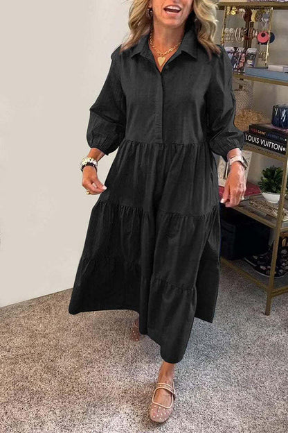 Color Lapel Elastic Cuffs Loose Maxi Dress