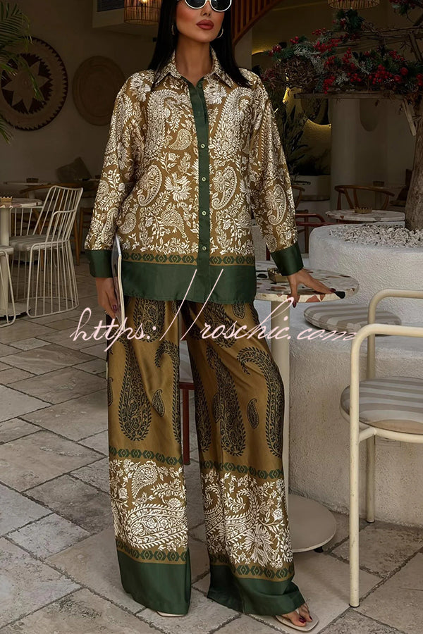 Naya Satin Contrast Color Paisley Long Sleeve Shirt and Elastic Waist Pocketed Pants Set