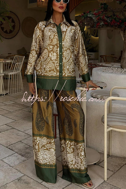Naya Satin Contrast Color Paisley Long Sleeve Shirt and Elastic Waist Pocketed Pants Set