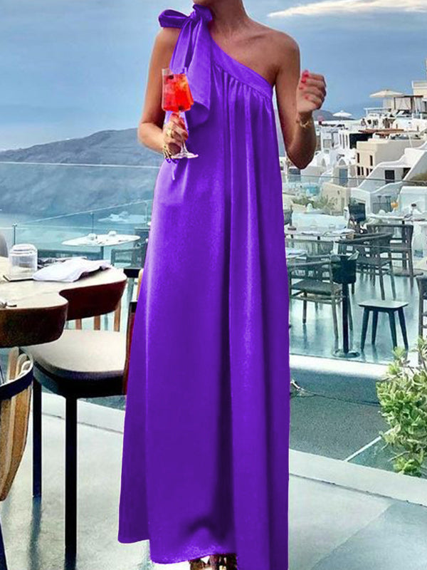 A-line Loose Asymmetric Pleated Color Tied One-shoulder Maxi Dresses