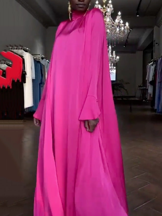 Flared Sleeves Long Sleeves Color High-neck Maxi Dresses