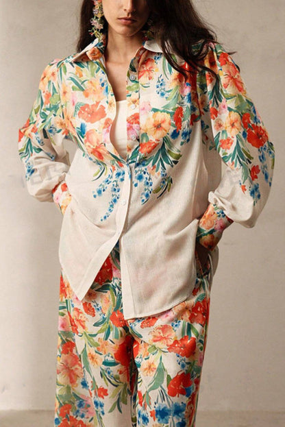 Print Lapel Long Sleeve Shirt and Elastic Waist Pocket Wide Leg Pants Set