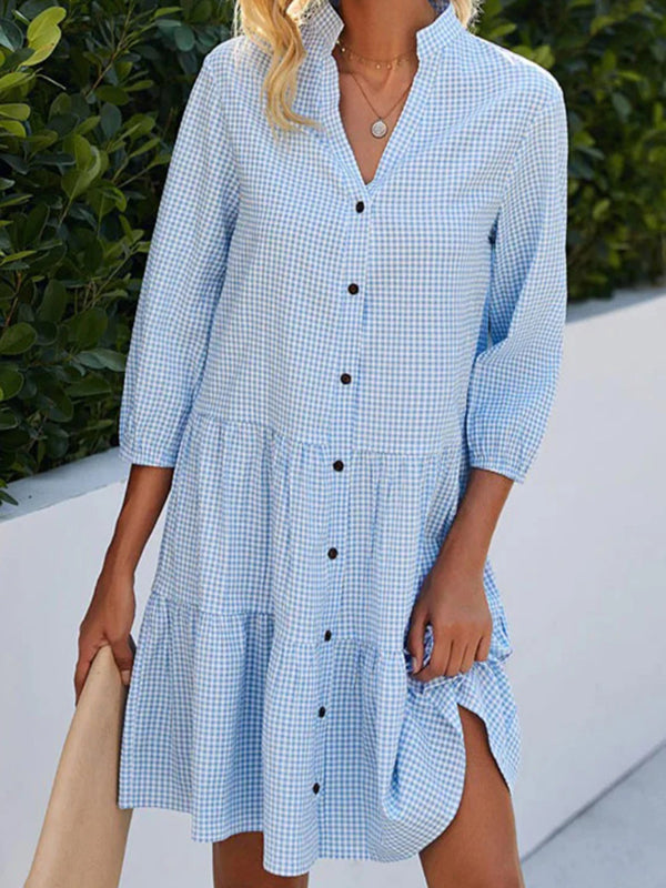A-line Loose Buttoned Plaid Split-joint Stand Collar Mini Dresses Shirt Dress