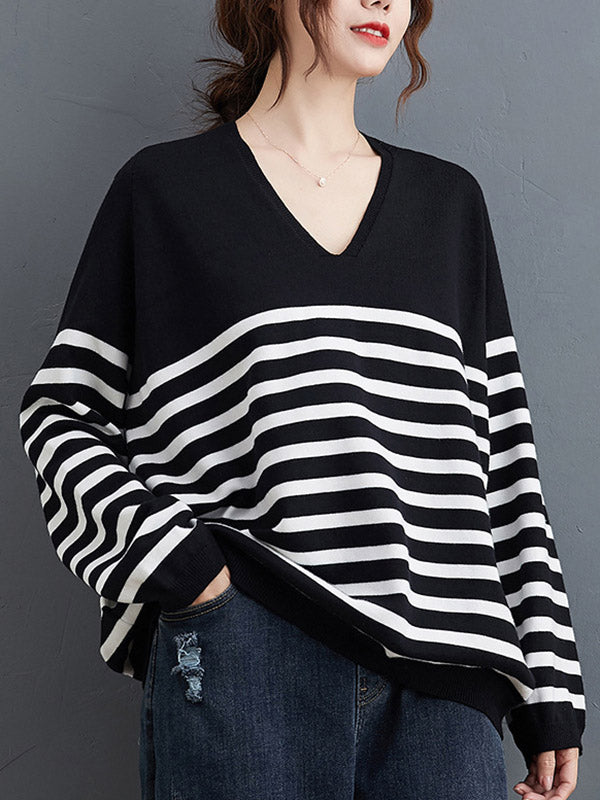 Loose Black V-neck Contrast Color Striped Long Sleeve Knit Sweater An1035