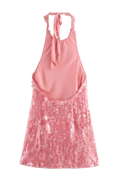 Rose Disc Sequin Halter Backless Mini Dress