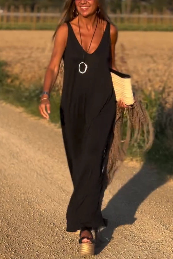 Color V-neck Sleeveless Loose Maxi Dress
