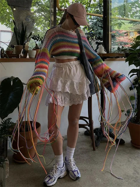 Knitted Tassels Cover Ups for Swimwear Loose Rainbow Shirt Sweater Holiday Crop Pullover Femme