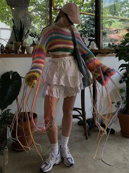 Knitted Tassels Cover Ups for Swimwear Loose Rainbow Shirt Sweater Holiday Crop Pullover Femme
