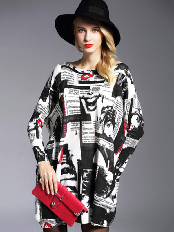 Urban Loose One-shoulder Printed Split-joint Sweater