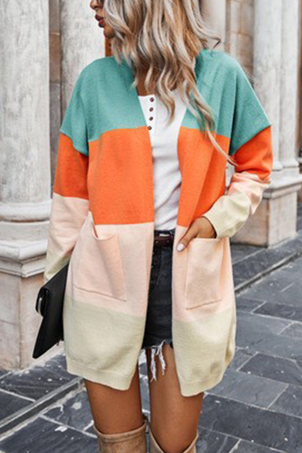 Contrasting Rainbow Paneled Striped Long Cardigan Sweater With Pockets