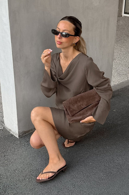 Satin Cowl Neck Long Sleeve Mini Dress