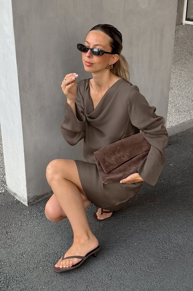 Satin Cowl Neck Long Sleeve Mini Dress