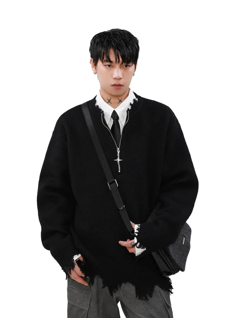 Cross Zipper Half-zip Distressed Sweater