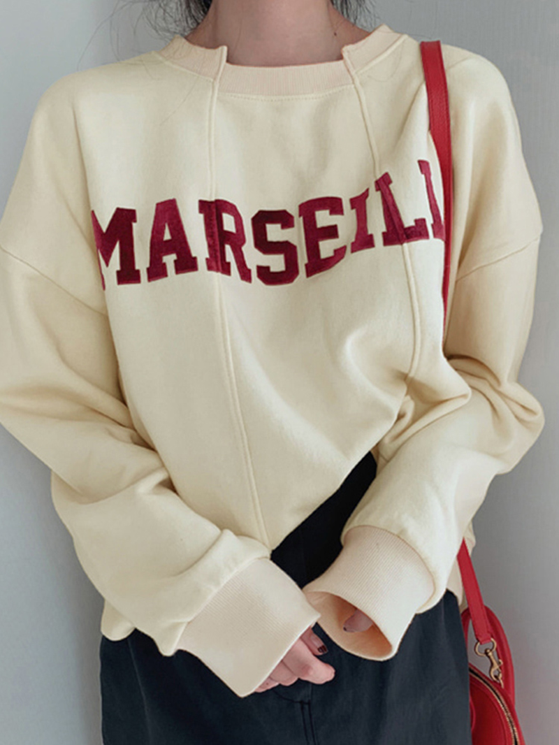 Street Loose Apricot O-neck Letter Print Long Sleeve Sweatshirt Tw003