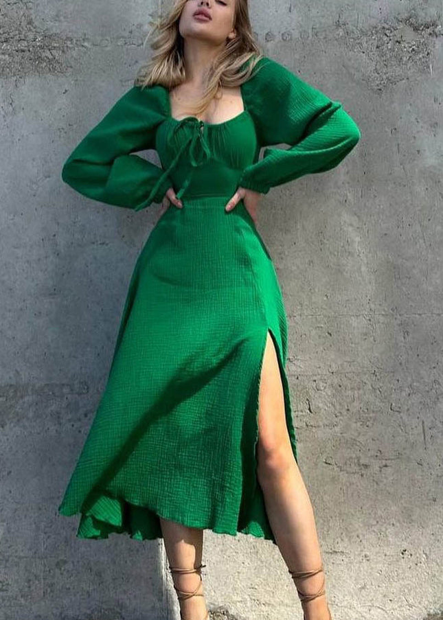 Fine Blue Square Collar Side Open Long Dress Fall Ee012