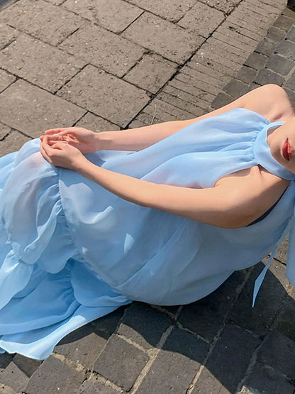 Loose Sleeveless Color Halter-neck Midi Dresses