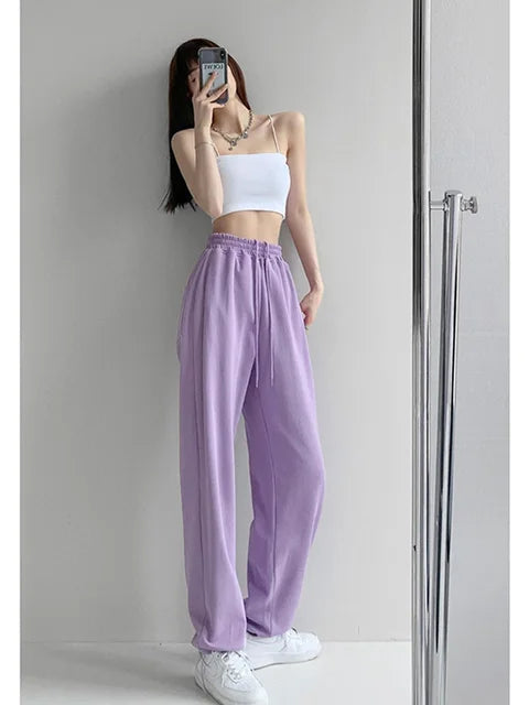Korean White Blue Pants High Waist Loose Drawstring Harem Pants Comfortable Female Sports Street Pants S-xl