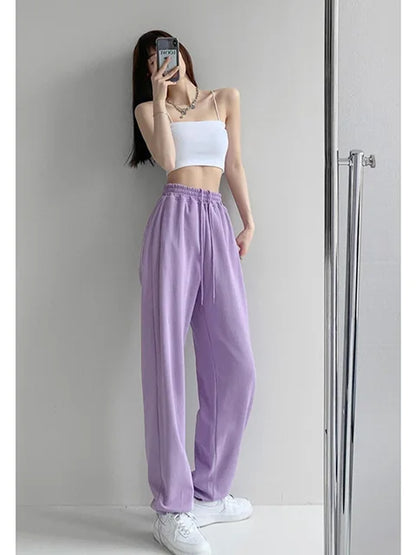 Korean White Blue Pants High Waist Loose Drawstring Harem Pants Comfortable Female Sports Street Pants S-xl