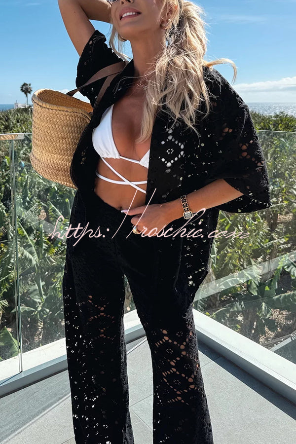 Holiday Crochet Flowers Lace Short Sleeve Shirt and Elastic Waist Wide Leg Pants Set
