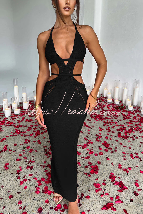Effortlessly Cool and Knit Crochet Cutout Halter Tie-up Stretch Maxi Dress