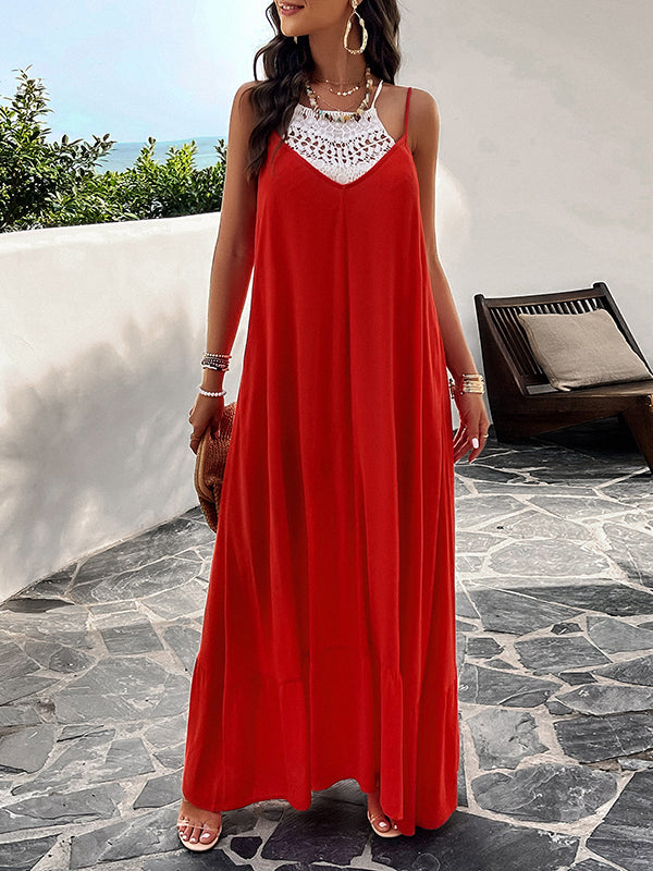 Loose Sleeveless Pleated Color Split-joint Spaghetti-neck Maxi Dresses