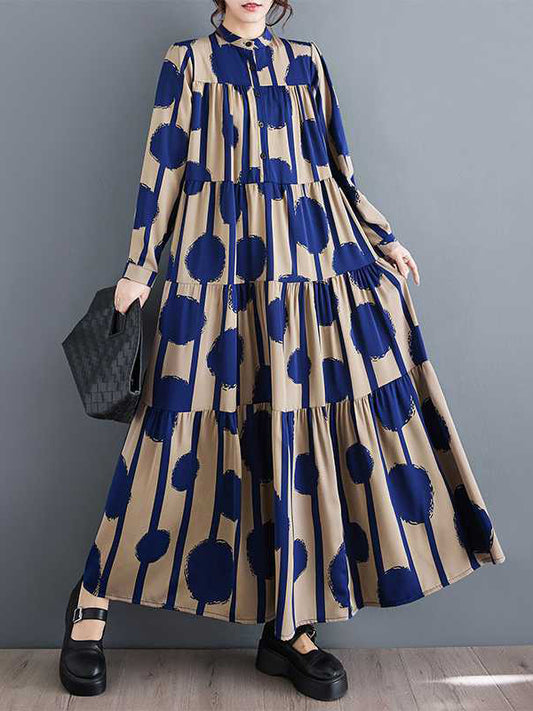A-line Long Sleeves Buttoned Pleated Polka-dot Split-joint Stand Collar Maxi Dresses Shirt Dress