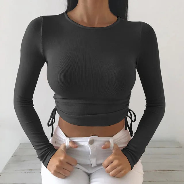 O-neck Long Sleeve Bodycon Cropped Tops Autumn Irregular Drawstring Bandage Knitted T-shirt