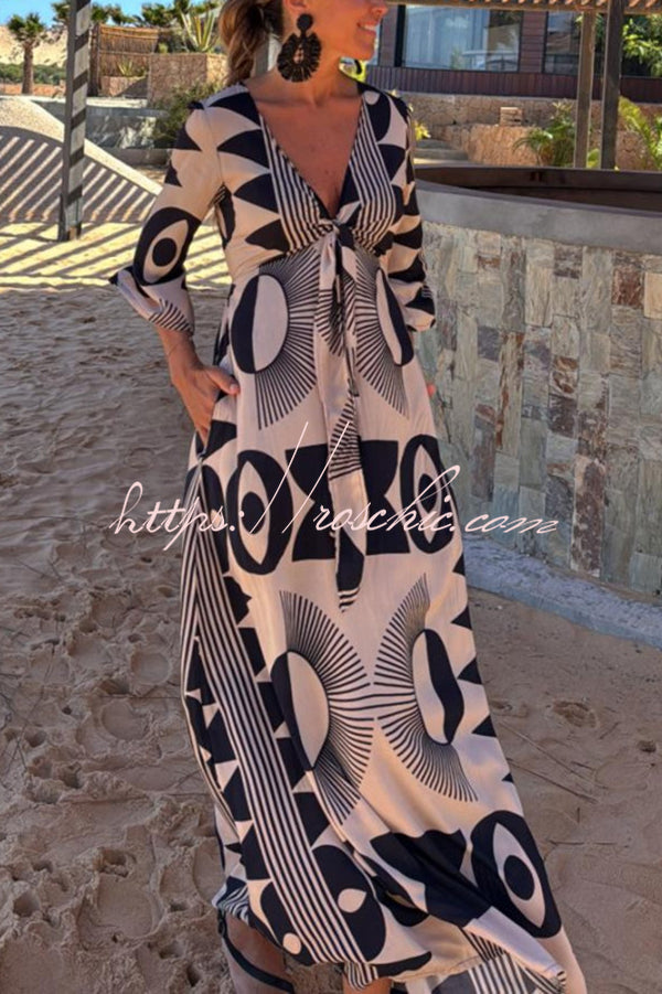 Unique Print V-neck Tie Loose Pocket Maxi Dress